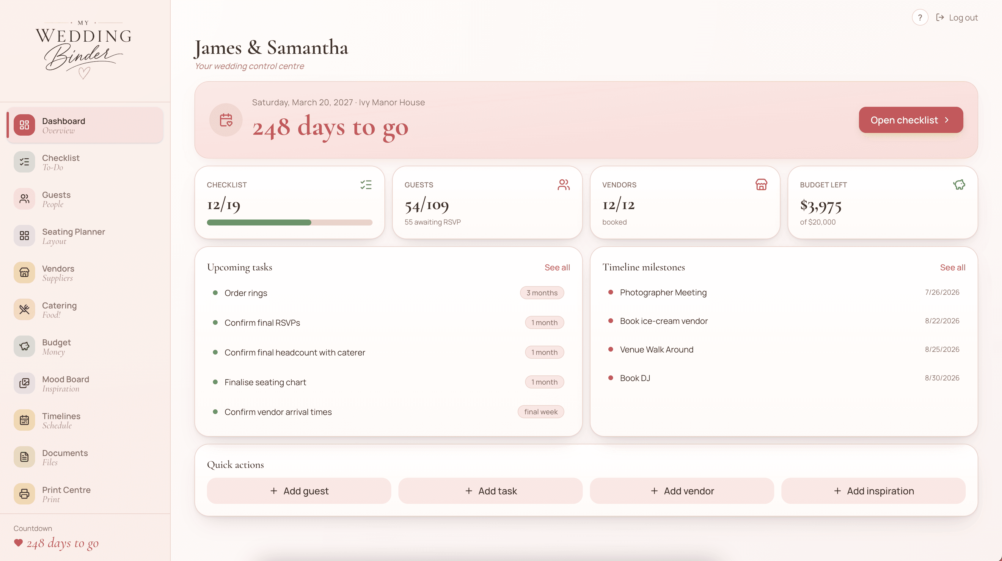 My Wedding Binder dashboard